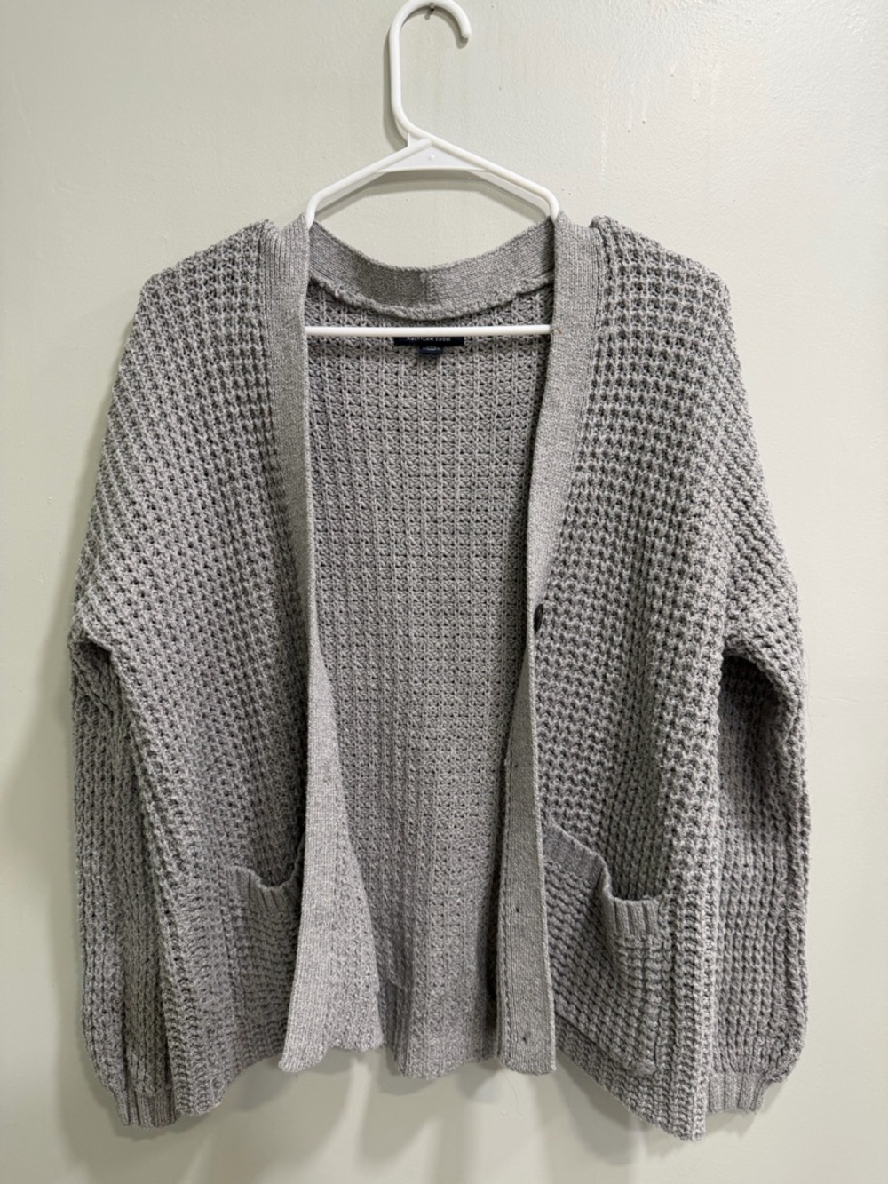 American Eagle Outfitters Light Gray Waffle Knit Open Cardigan